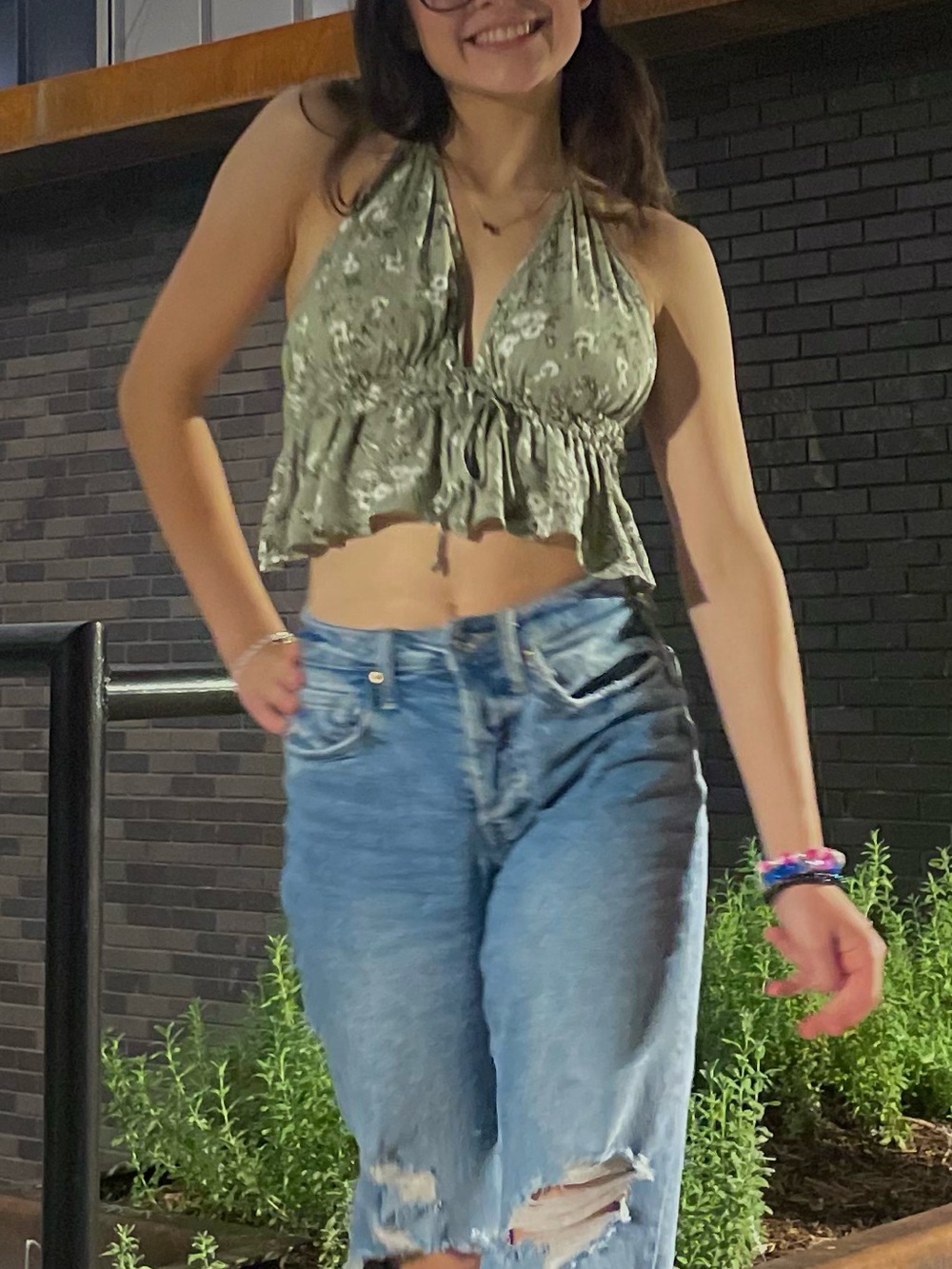 Garage Olive Green Floral Halter Top